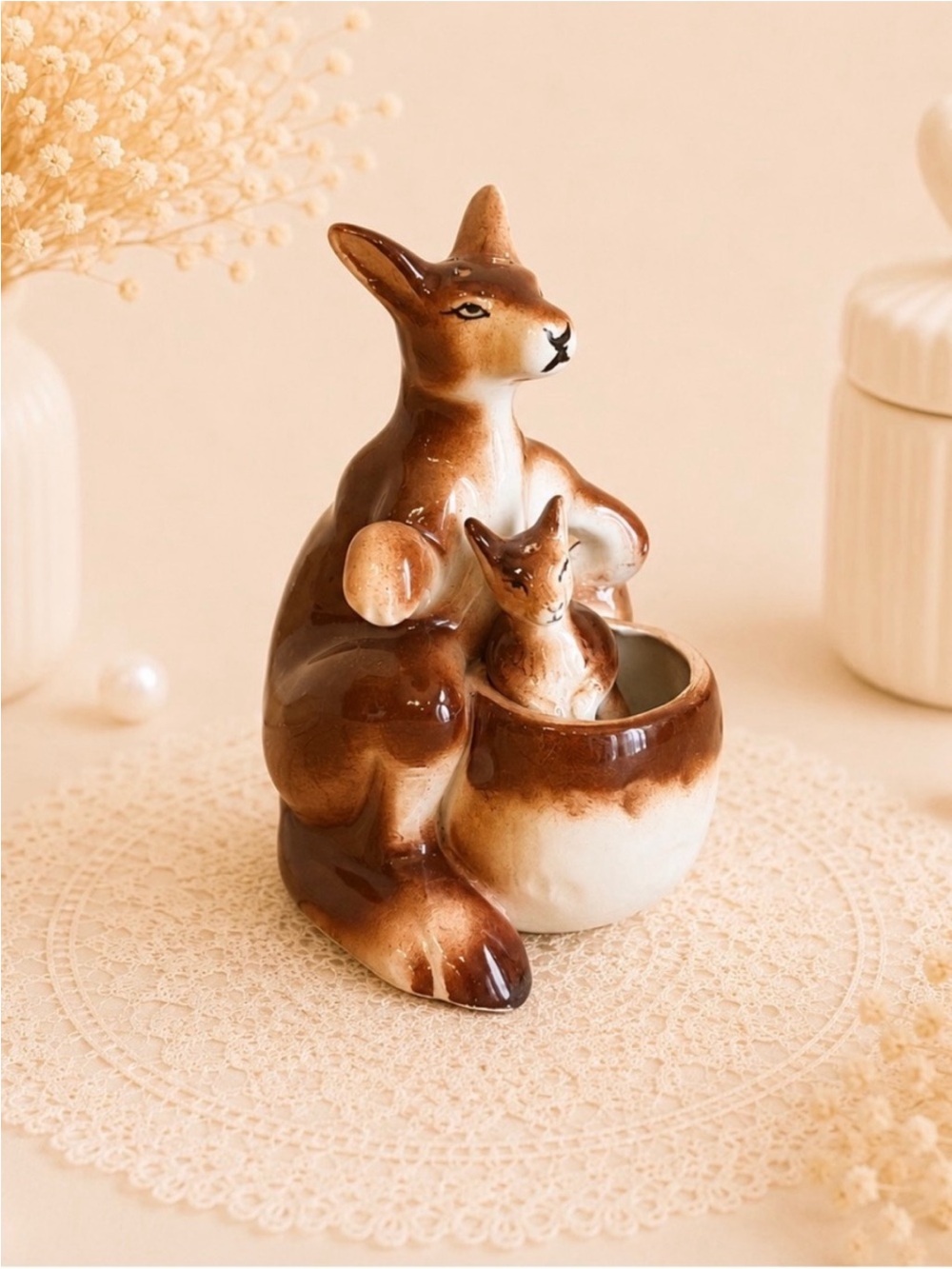 Porcelain kangaroo and joey salt and pepper shaker set-Marked Japan Vintage